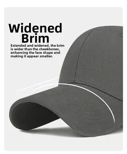 Detail of wide curved brim on a grey cotton baseball cap for sun protection