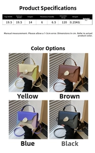 Detail view showing PU small square bag size specs with 120cm strap and metal buckle