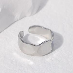 Minimalist silver irregular wave textured stainless steel open ring for women and men