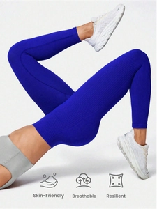 Legging de yoga taille haute sans couture bleu foncé avec texture côtelée et effet push-up