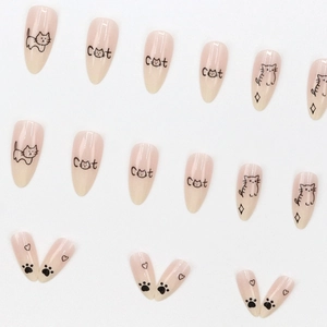 Cute cat doodle press-on nails featuring pink gradient finish and 24 short pieces set