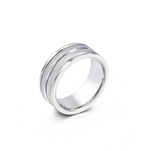Minimalist 8mm brushed stainless steel men's ring with polished edges on white background