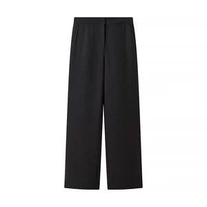 Detail view of black high-waist wide-leg trousers with smooth drape and professional cut