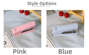 Close-up of matte pink and blue No.10 staplers with built-in staple remover feature