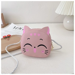 Pink cartoon cat-shaped PU mini crossbody bag for kids with silver woven rope strap