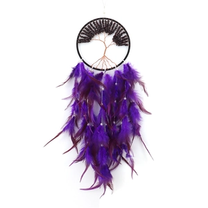 Tree of Life dream catcher with purple feathers and brown beads on white background