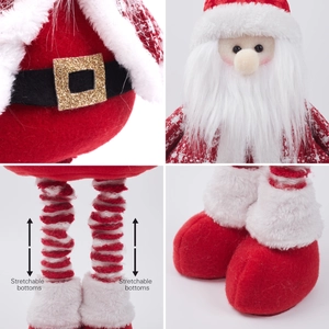 Detail der dehnbaren Beine der Weihnachtsmann-Figur mit Plüsch und Goldpailletten