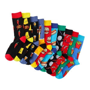 Funny cotton crew socks featuring colorful burger and beer novelty patterns on white background