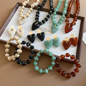 Acrylic Resin Marble Texture Heart Pendant Beaded Necklace Bracelet And Earrings With 925 Sterling Silver Earring Post