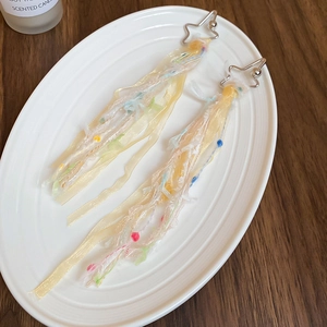 Détail de boucles d'oreilles étoiles en argent avec glands en tissu coloré sur assiette