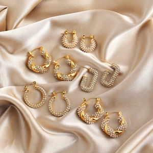 Stainless Steel 18K Gold Plated Hoop Earrings Twist Knot Rhinestone Artificial Pearl Geometric Fashion Jewelry For Women