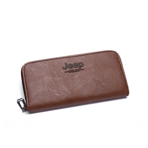 Close-up of brown lychee-patterned leather wallet featuring high-quality grey metal zipper