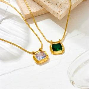 Retro geometric zircon pendant necklaces with green and purple crystals on gold snake chains
