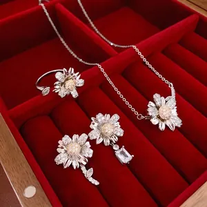 Asymmetrical Daisy Flower Stud Earrings With Silver Earring Post Copper Zircon Inlaid Vintage Style For Women