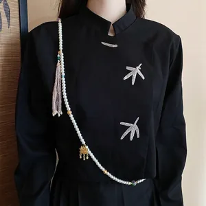 New Chinese style pearl body chain necklace with lotus pendant and pink tassels