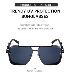 Close-up of black rimless sunglasses with UV protection and dark metal frame detail