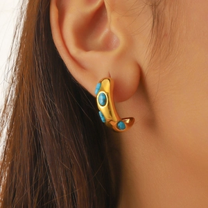 French vintage gold plated stainless steel geometric earrings with turquoise stone