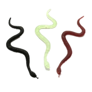Realistic rubber toy snakes set in black, green, and brown for Halloween party favors