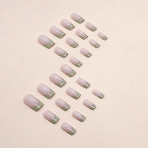 French medium long square press-on nails in nude pink with sage green tips