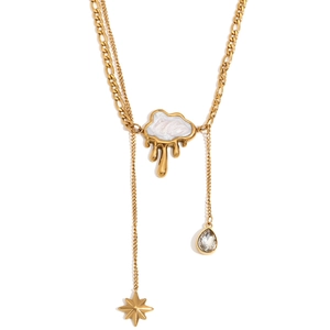 Double-layer 18K gold plated necklace with cloud pendant, star and teardrop gem details