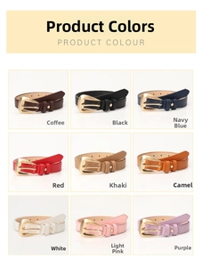 Detailed grid view showcasing nine available colors of faux leather belts with gold buckles
