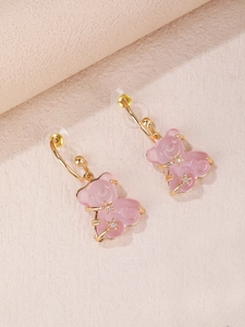 Cute pink resin bear drop earrings with gold metallic lines and sparkling rhinestones