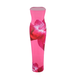 Detail of slim fit strapless maxi dress with pink floral pattern on a clean background