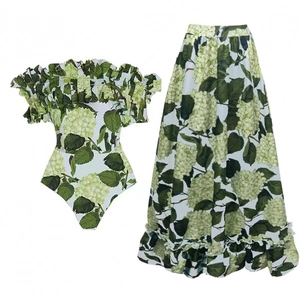 Two-piece ruffled bandeau top and maxi skirt set with green hydrangea floral print