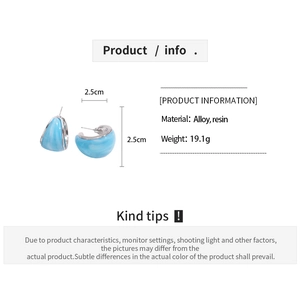 Detail specifications of geometric resin C-shaped earrings with 2.5cm size and 19.1g weight