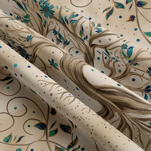 Detail of tree of life tapestry showing intricate floral patterns and fabric texture