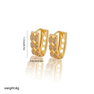 Detailed view of gold V-shaped hoop earrings with zircon floral patterns and dimensions