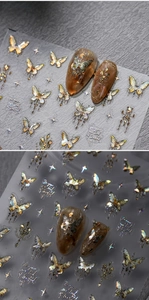 Detail of aurora gold butterfly nail stickers with star motifs and metallic finish