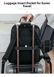 Detail showing reinforced luggage strap on black nylon backpack for travel ease