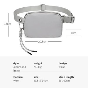 Waterproof nylon crossbody waist bag in grey with detailed size and dimension specs