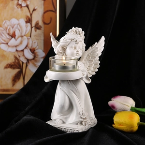 European vintage angel resin candle holder with glass cup for home tabletop decoration