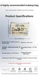 Detail showing cat makeup bag dimensions 17x25cm and linen texture on white background
