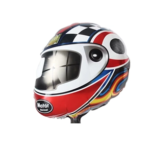 Detailed view of motorcycle helmet shaped foil balloon with racing checkered flag design