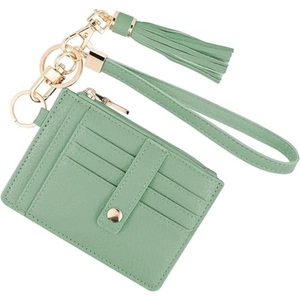 Slim light green genuine leather card holder with wrist strap and tassel charm