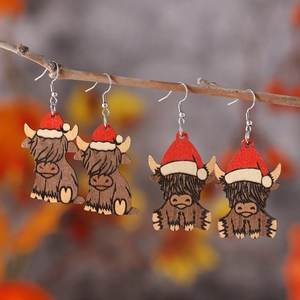 Highland Cow Earrings Wood Santa Hat Western Style Christmas Jewelry For Women Double Sided Printed