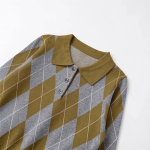 Retro argyle knit polo sweater with mustard yellow and grey patterns and collar details