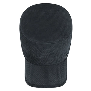 Men's winter flat top cadet cap in textured black fabric with protective short brim