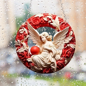Detail of round acrylic angel ornament with red roses and silver hanging chain