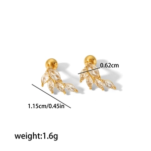 Titanium steel leaf stud earrings with clear zircon stones and screw back details
