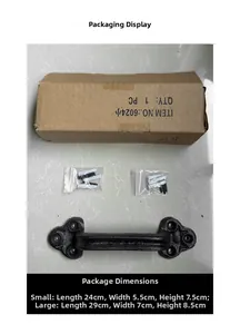Detail view of vintage black cast iron handle set with mounting screws and packaging