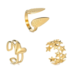 Three-piece gold stainless steel open rings set with wing heart and star shapes