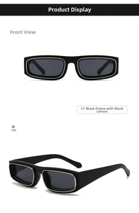 Front and side view of small black rectangular sunglasses with silver metal trim