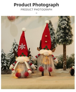 Detail of LED lighted Christmas gnomes with reindeer antlers and warm glowing beards