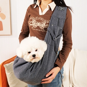Detail of grey pet sling bag with adjustable strap and secure buckle for small dogs