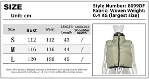 Size chart for reversible puffer vest including bust and length measurements in cm