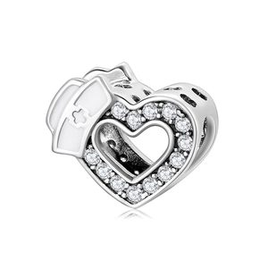 Heart Nurse Hat Charm 925 Sterling Silver Sparkling Cubic Zirconia Bead DIY Bracelet Jewelry Making Medical Gift